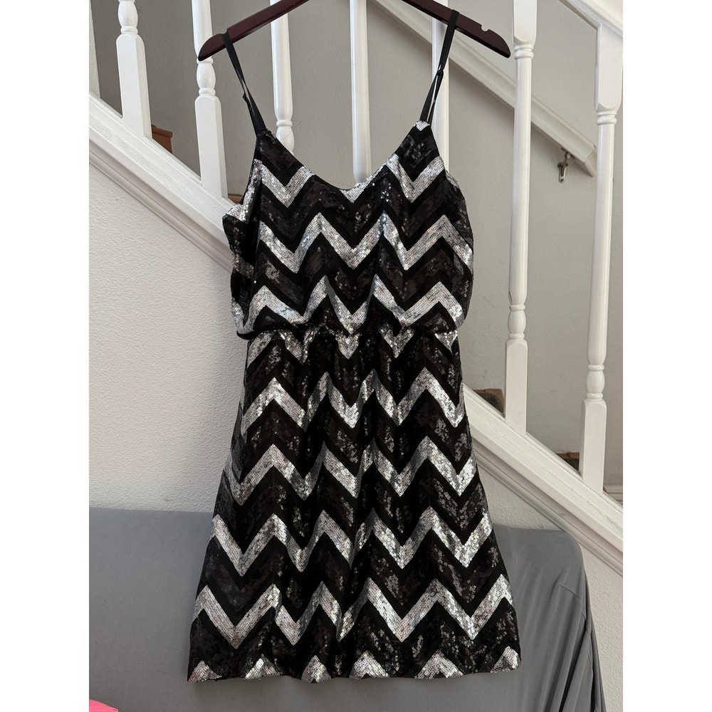 Bailey Blue Silver Black Sequin Chevron Mini Dress Adjustable Straps Womens M